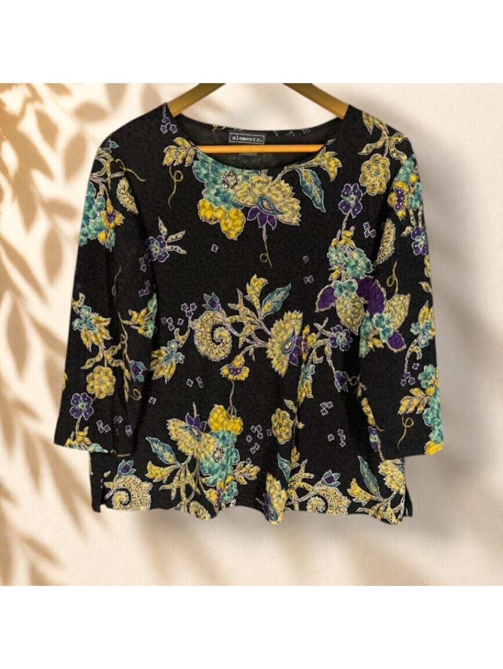 Elementz Top Women XL Black Floral 3/4 Sleeve Round Neck Pullover Casual Stretch